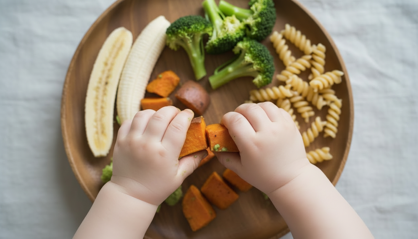 Vista desde arriba de unas manos de bebé comiendo comida sólida tipo Baby Led Weaning. El plato de madera contiene diferentes alimentos, incluyendo plátano cortado en tiras o bastones (no en rodajas). Sólo se ven las manos y el plato sobre una superficie clara.